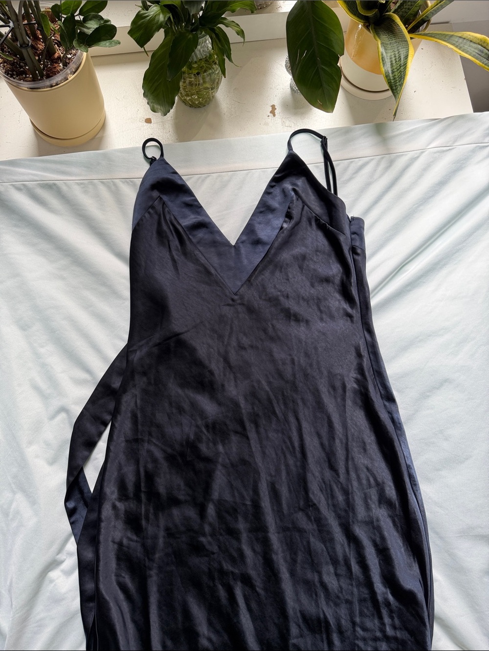 Classic Black Satin Maxi Slip Dress with V-Neck